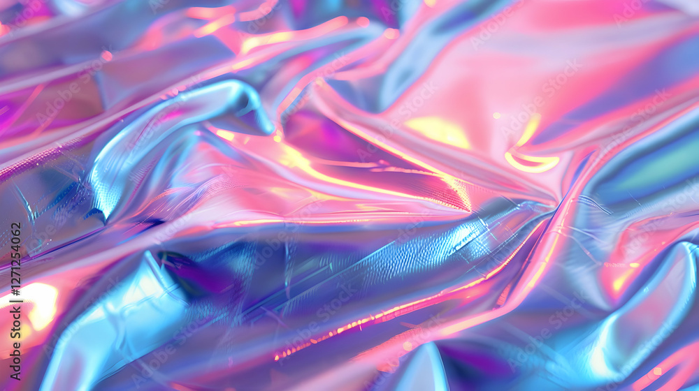 Poster colorful reflective fabric with intricate folds and highlights, creating a vibrant abstract backgrou