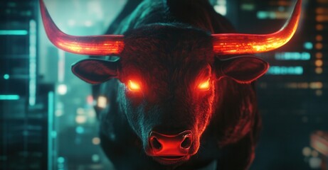 A striking, futuristic bull with glowing red eyes and horns stands powerfully against a blurred cityscape backdrop. Symbol of strength and power.