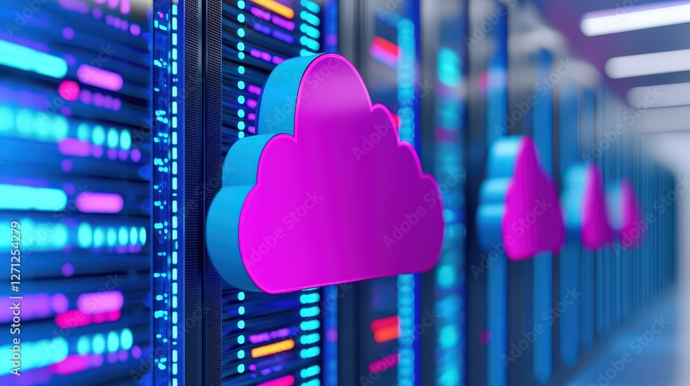 Poster a vibrant digital representation of cloud computing, showcasing colorful clouds amidst rows of illum
