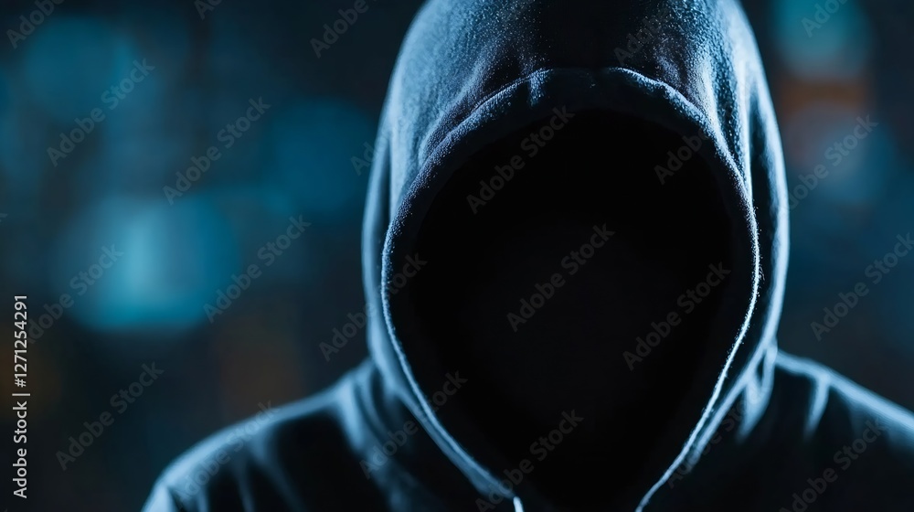 Poster mysterious figure cloaked in darkness wearing a hoodie with an enigmatic expression : generative ai