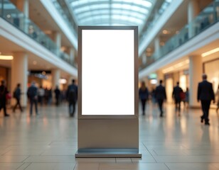 Blank billboard stands in shopping mall against blurred crowd. Empty advertising display perfect for commercial ads info signs. Modern business design template. Commercial interior illuminated