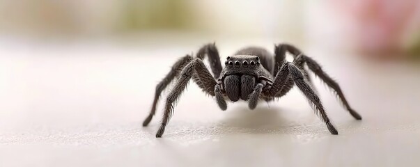 Close Up of a Black Jumping Spider on a Light Surface Detailed Arachnid Photography