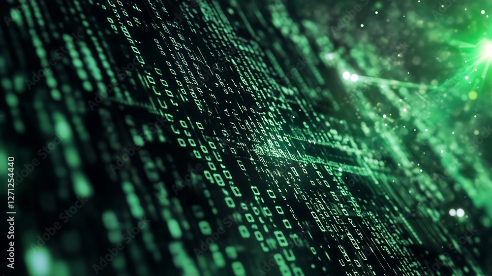 Poster Green binary code background with glowing particles and a futuristic digital landscape : Generative AI