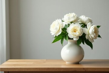 White peony flowers in a vase on a simple wooden table, table, vases, peonies
