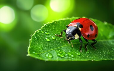 Fototapeta premium A vibrant ladybug crawling on a fresh green leaf