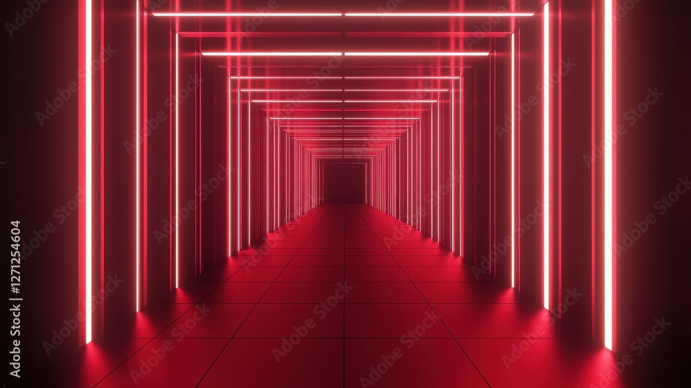 Poster futuristic red neon corridor glowing lines abstract architecture modern design illuminated pathway