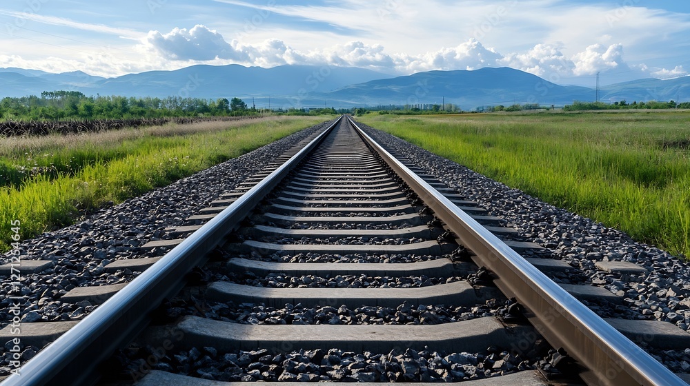 Poster Scenic view of empty railway tracks stretching through lush green fields and mountains : Generative AI