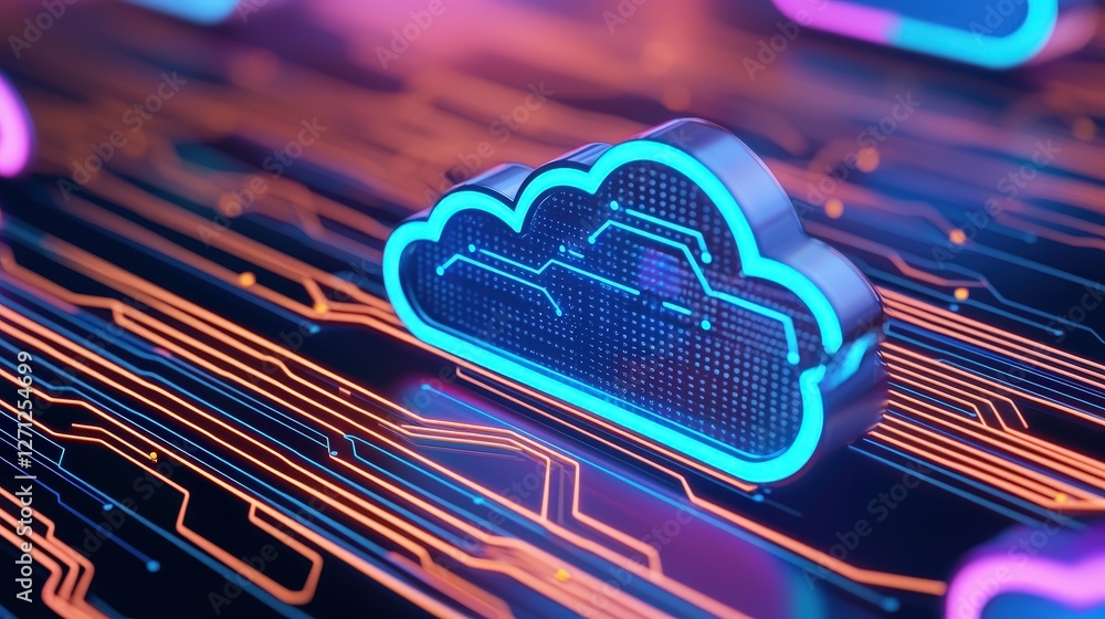 Poster a vibrant, digital illustration of a glowing cloud icon on a circuit-patterned backdrop, symbolizing