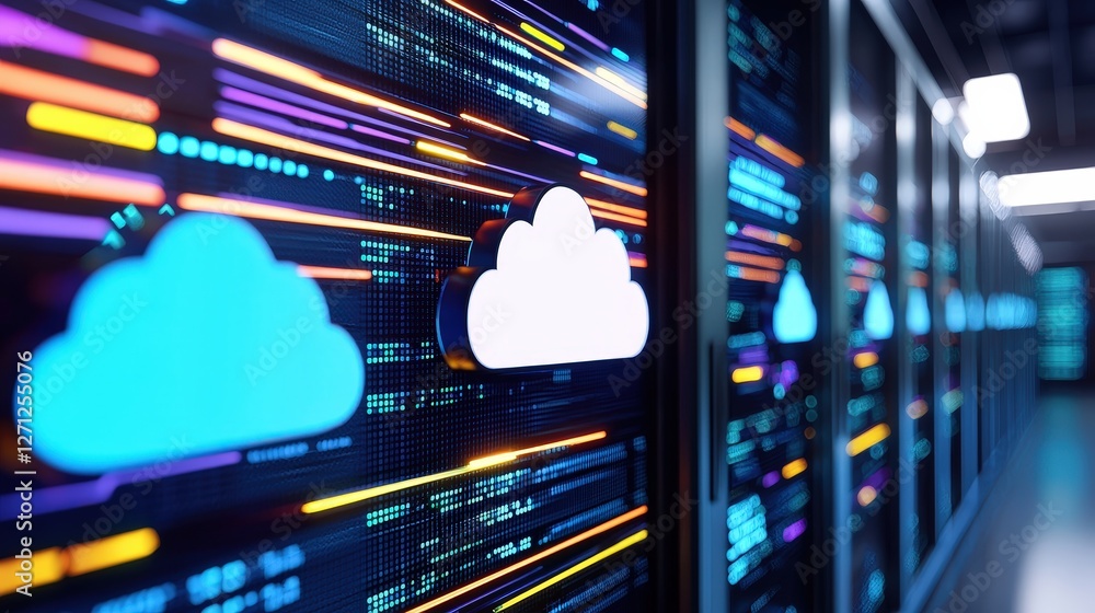 Poster a digital network featuring cloud icons and vibrant data streams, symbolizing cloud computing and da
