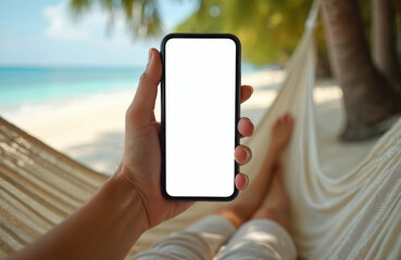 Person relax in hammock, holding mobile phone with blank white screen display. Tropical beach with palm trees. Summer vacation, technology concept. Perfect mobile app advertisement template.