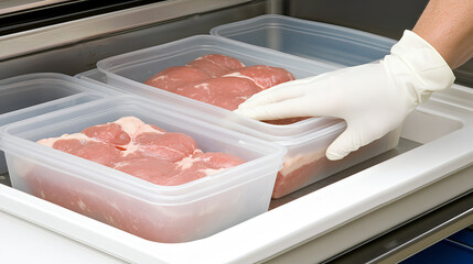 Storing fresh meat food processing facility storage containers hygienic environment close-up view food safety practices
