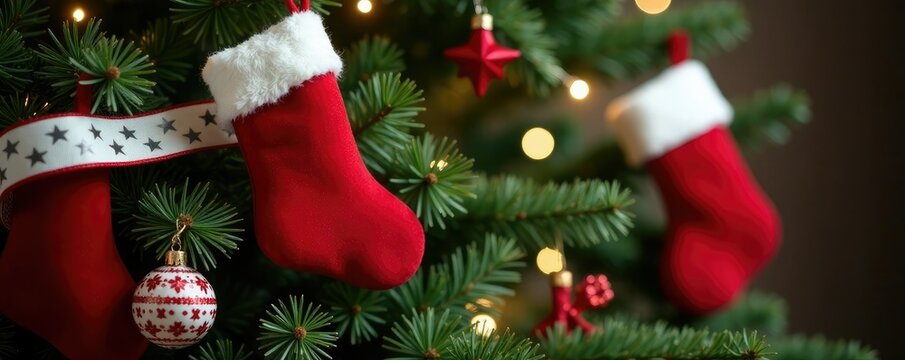 White star-patterned ribbons wrapped around the branches of a fir tree featuring hungred red Christmas stockings, holiday, garlands