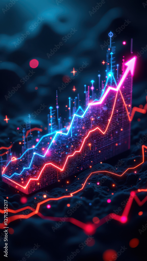 Poster financial data visualization with a dynamic and growing trend line set against an abstract backgroun