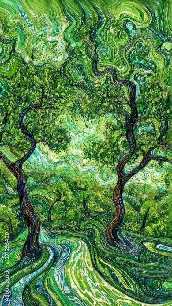 Poster lush green trees stand tall in a vibrant forest scene with swirls of color capturing a sense of tran
