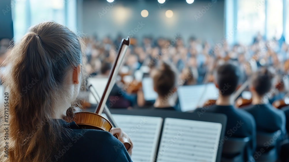 Poster orchestra performance with violinist in focus amidst a sea of musicians : generative ai