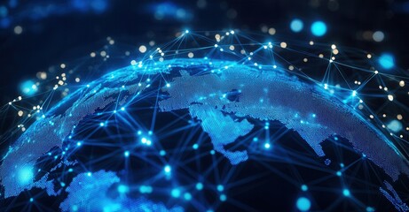 Fototapeta premium Abstract globe with network connections, illuminated in shades of blue. Global connectivity exemplified by dots and lines.