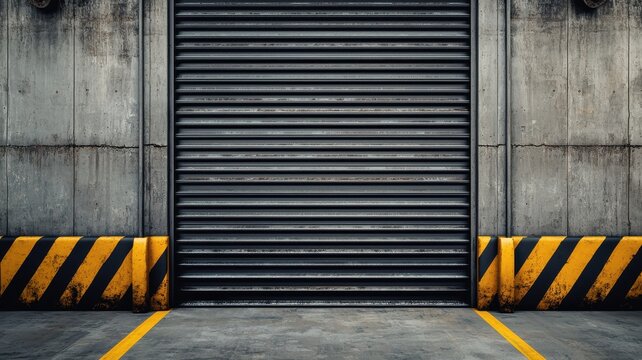 Industrial Concrete Wall with Metal Rolling Door and Yellow and Black Safety Barriers