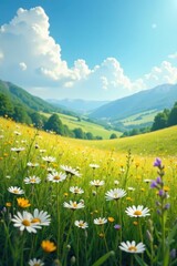 Obraz premium Wild chamomile and wild sage entwined in spring, steppes, sunny skies