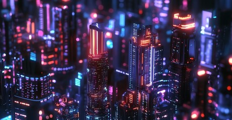 Obraz premium Futuristic cityscape with neon lights illuminating modern skyscrapers, creating a vibrant and immersive visual experience.