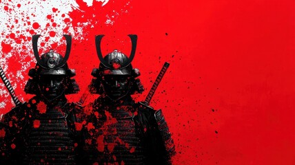 Two Samurai Warriors in Blood Splatter Red Background Japanese Art Feudal Japan
