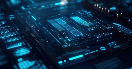 Futuristic technology interface featuring blue circuit patterns, digital network, data flow, and advanced computing components.