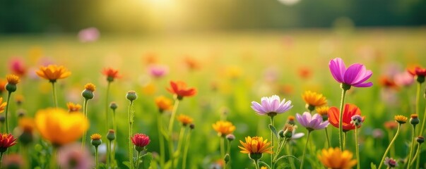 Wildflowers blooming in a field with a plowed background, landscape, natural light