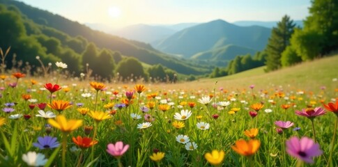 Obraz premium Wildflowers blooming in a sunny meadow amidst rolling hills and trees, grasslands, landscape