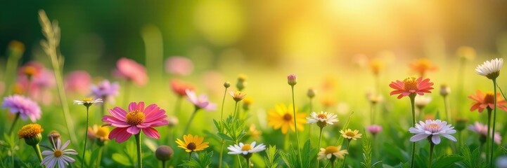 Fototapeta premium Wildflowers growing in a meadow with soft light, shapes, colors, soft light