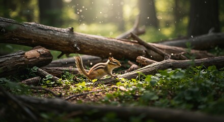 Chipmunk Foraging on Forest Floor with Logs and Sunlight