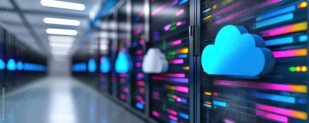 Poster a futuristic data center with vibrant cloud icons, showcasing advanced cloud computing technology an