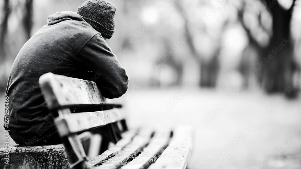 Poster lonely figure sitting on a park bench in black and white capturing moments of solitude and reflectio
