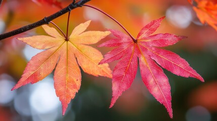Closeup of Two Red and Orange Maple Leaves in Autumn