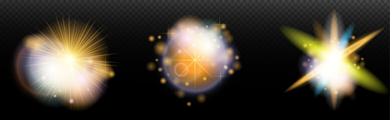 Set of flash light effect with glare and glow on a transparent background. Magic, rainbow glow, shining light, stars, optical flares for design, photomontage, New Year and holiday projects.