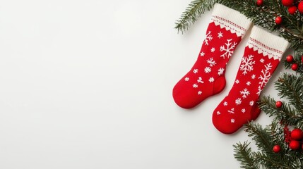 Christmas Stockings on a White Background with Festive Decor