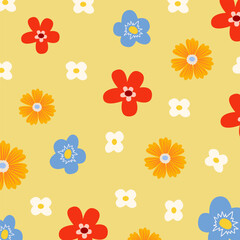 Hand drawn Spring background. Cute pattern with wildflowers, chamomile. Ideal for wallpaper, gift paper, web page background, spring greeting cards. Vector flower illustration on colorful background