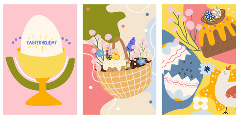 Set of Happy Easter greeting cards in modern style. Abstract Easter retro poster with Easter cake, eggs, chicken, flowers. Trendy editable vector template for poster, banner, social media post
