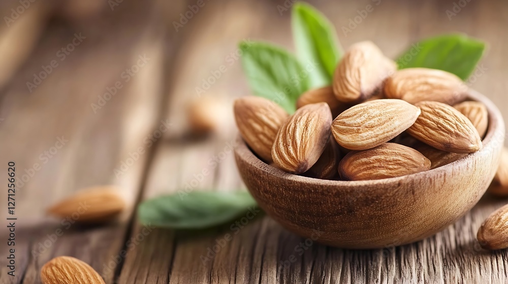 Aufkleber nutritious almonds in a wooden bowl surrounded by fresh green leaves on rustic table : generative ai