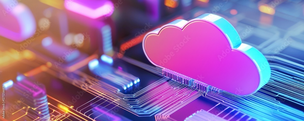 Poster a colorful cloud symbol sits above a circuit board, representing cloud computing and digital technol
