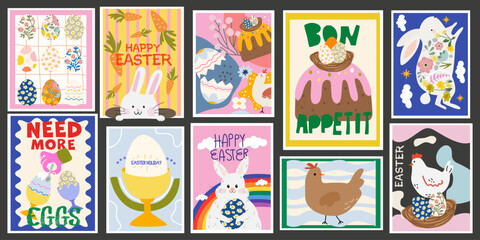 Fototapeta premium Abstract bright Easter posters in retro style for wall decor and greeting cards. Easter cake, eggs, chicken, bunny, flowers. Trendy editable vector template for banner and social media post