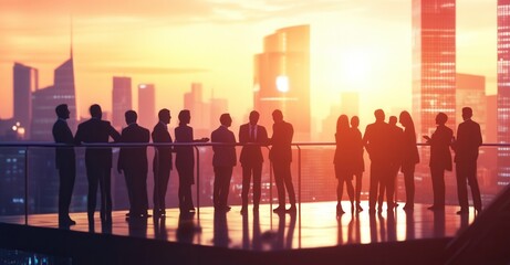 Silhouetted business team strategizing atop skyscraper during sunset. Their vision mirrors the city skyline's promise and ambition.
