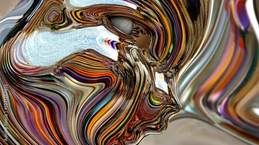 Poster vibrant abstract representation of a human face with colorful swirls and metallic textures in an art