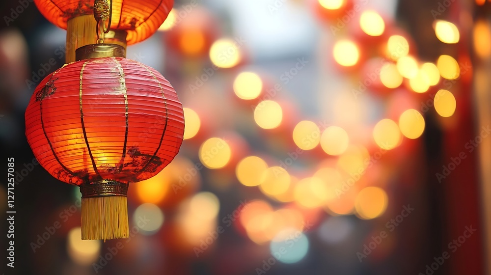 Aufkleber traditional chinese lanterns glowing warmly in a festive setting with blurred lights in the backgrou