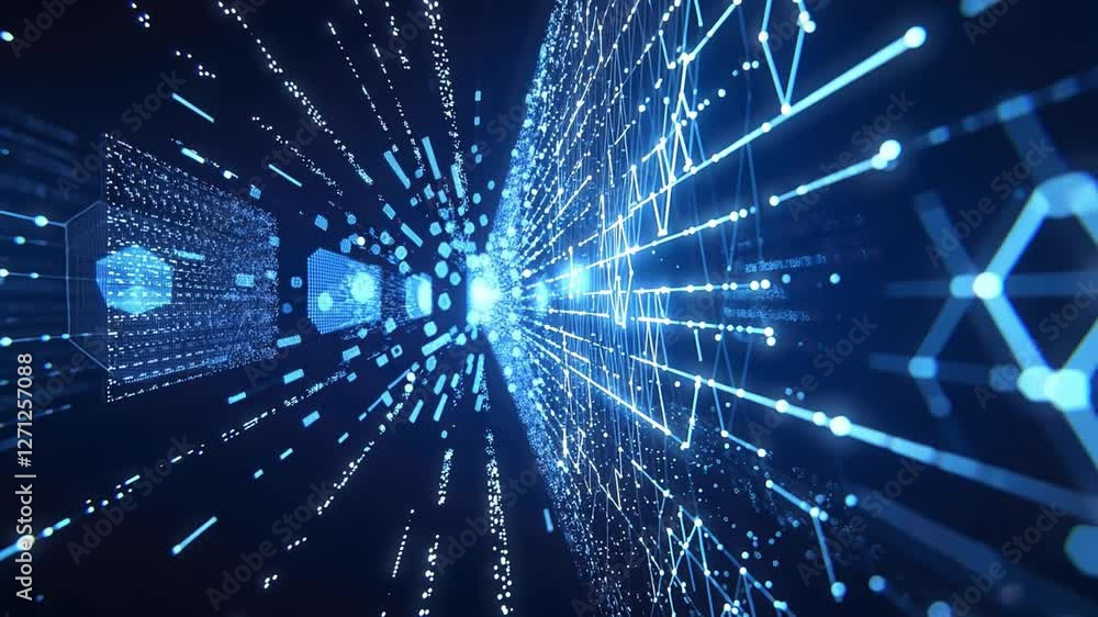 Poster digital data stream: a captivating visualization of a data stream, rendered in brilliant blues and n