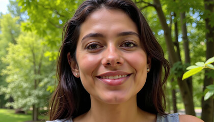 Fototapeta premium Beautiful young woman smiling in natural green park environment with copy space