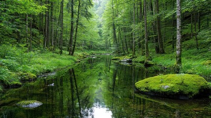 Obraz premium Lush Green Forest River Reflection