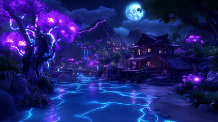 Obraz premium Nightscape with Luminous River and Traditional Building Under Moonlit Sky in a Japanese Setting