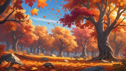 Autumn forest landscape with colorful foliage and sunlight shining through trees in a tranquil setting