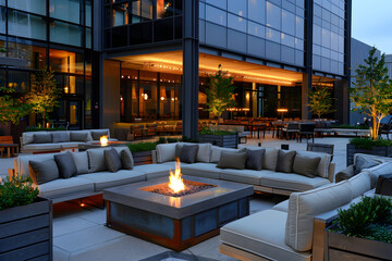 Cozy outdoor lounge area with fire pit and comfortable seating.