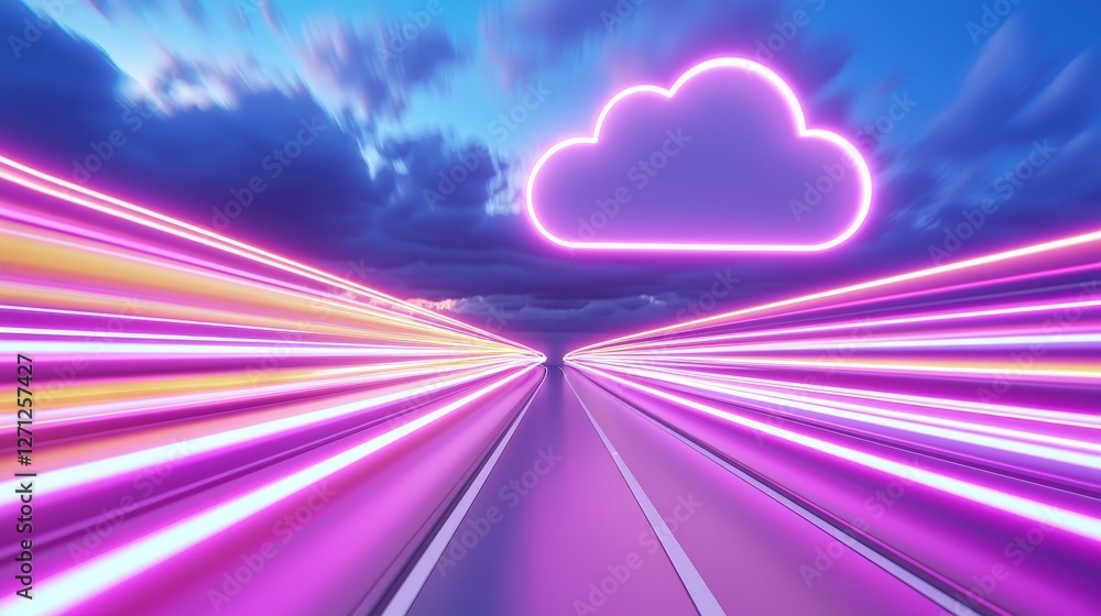 Poster a vibrant image of a digital cloud with neon lights, symbolizing connectivity and data flow against 