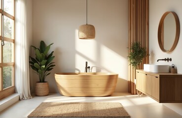 Modern boho style bathroom in beige tones. Stylish interior with natural light, wooden bathtub and cabinet with sink. Roomy space with plant and rug creates warm, cosy atmosphere.